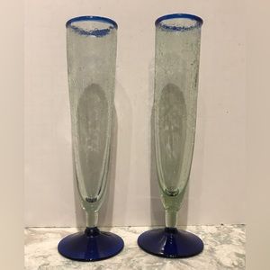 Hand Blown Mexican Cobalt Rim & Foot Crackle Glass Champagne Pilsner Vase Glass